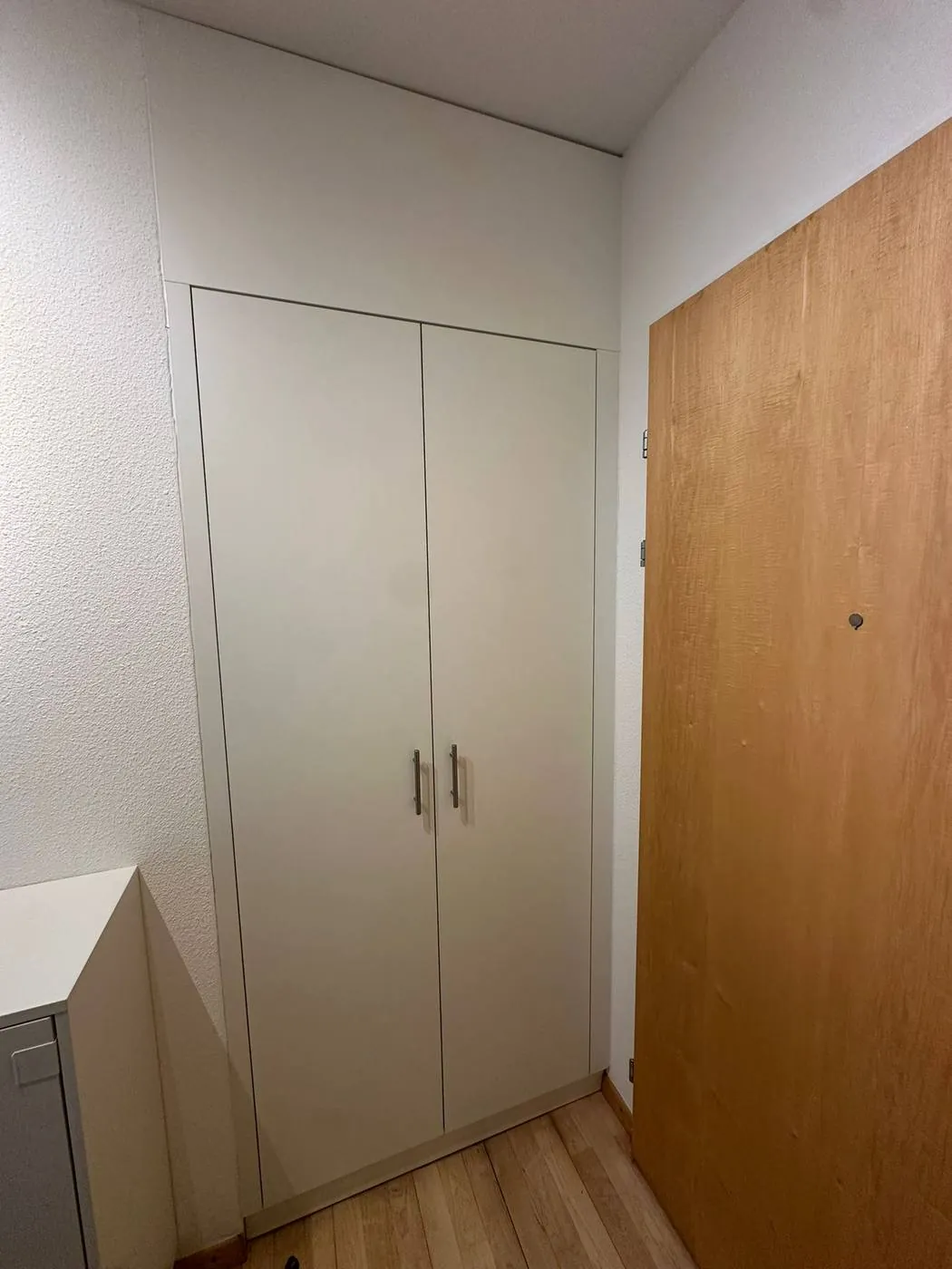 Bespoke wardrobe under a sloped ceiling, hinged doors